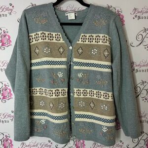 Alfred dunner cardigan button up embroidered Gray blue Tan Cardigan Sweater